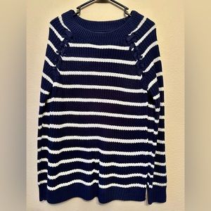 Women blue and white striped sweater - shoulder ties - large